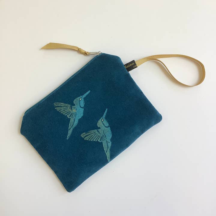 Teal Hummingbird velvet zip-up pouch for wholesale by Raina Atelier
