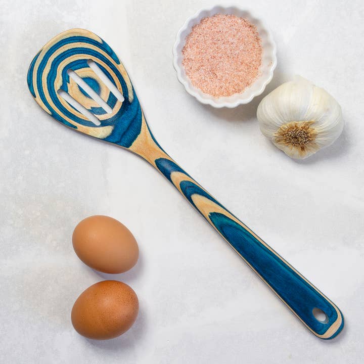 Baltique® Mykonos Colorful Wooden Slotted Spoon, 12.5" for wholesale by Totally Bamboo