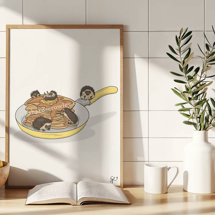 Prickles and Pancakes - Hedgehog Kitchen Cosy Animal Print for wholesale by Elisha-Rose Rowley Art and Designs
