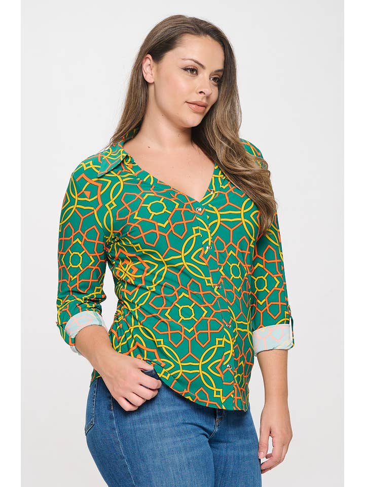 DNA Couture - Vendita all'ingrosso Camicetta - Donna - Blusa Taglie Forti con Bottoni - Stampa Astratta e Geometrica1