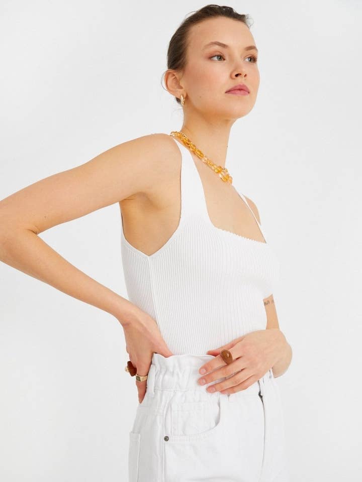 Square Neck Ribbed Tank Top in White for wholesale by Usolo Outfitters