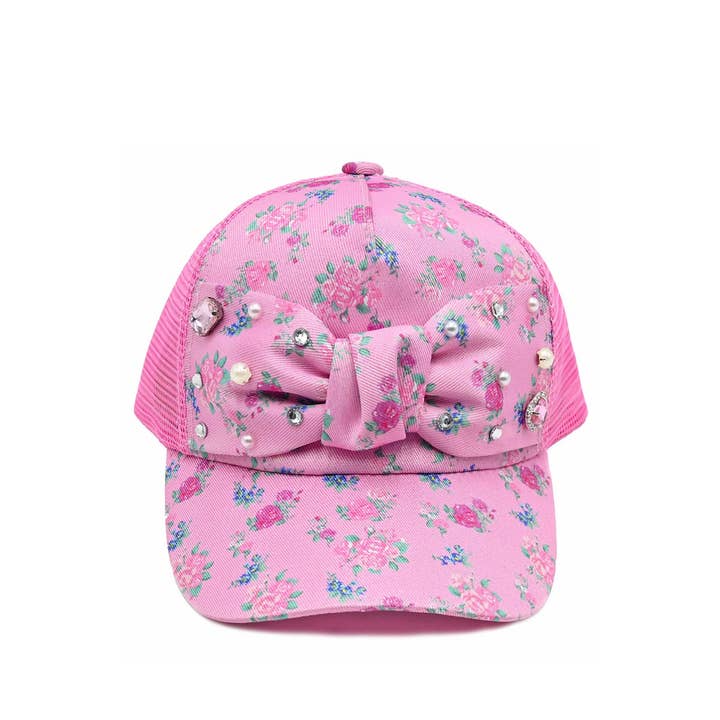Pink Floral Printed Trucker Hat for wholesale by OMG Accessories