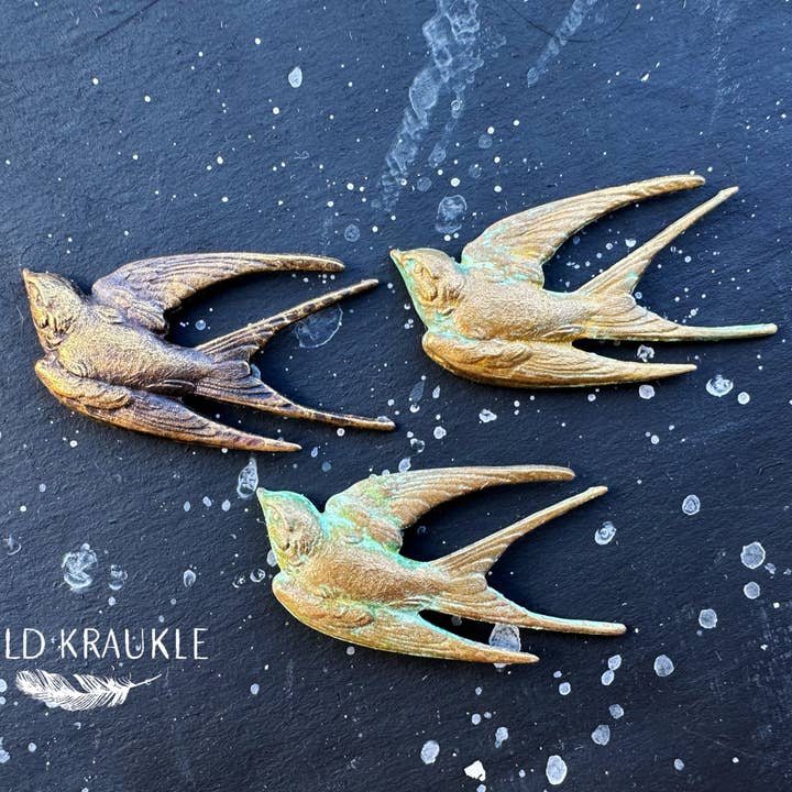 Swallow Brass Brooch with Verdigris Patina for wholesale by Wild Kraukle
