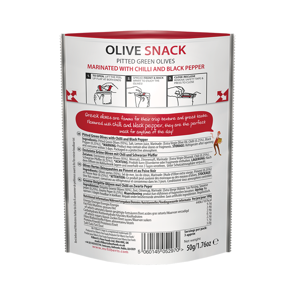 Mr Filbert's – wholesale Olives – Green Olives with Chilli & Black Pepper 12 x 50g2