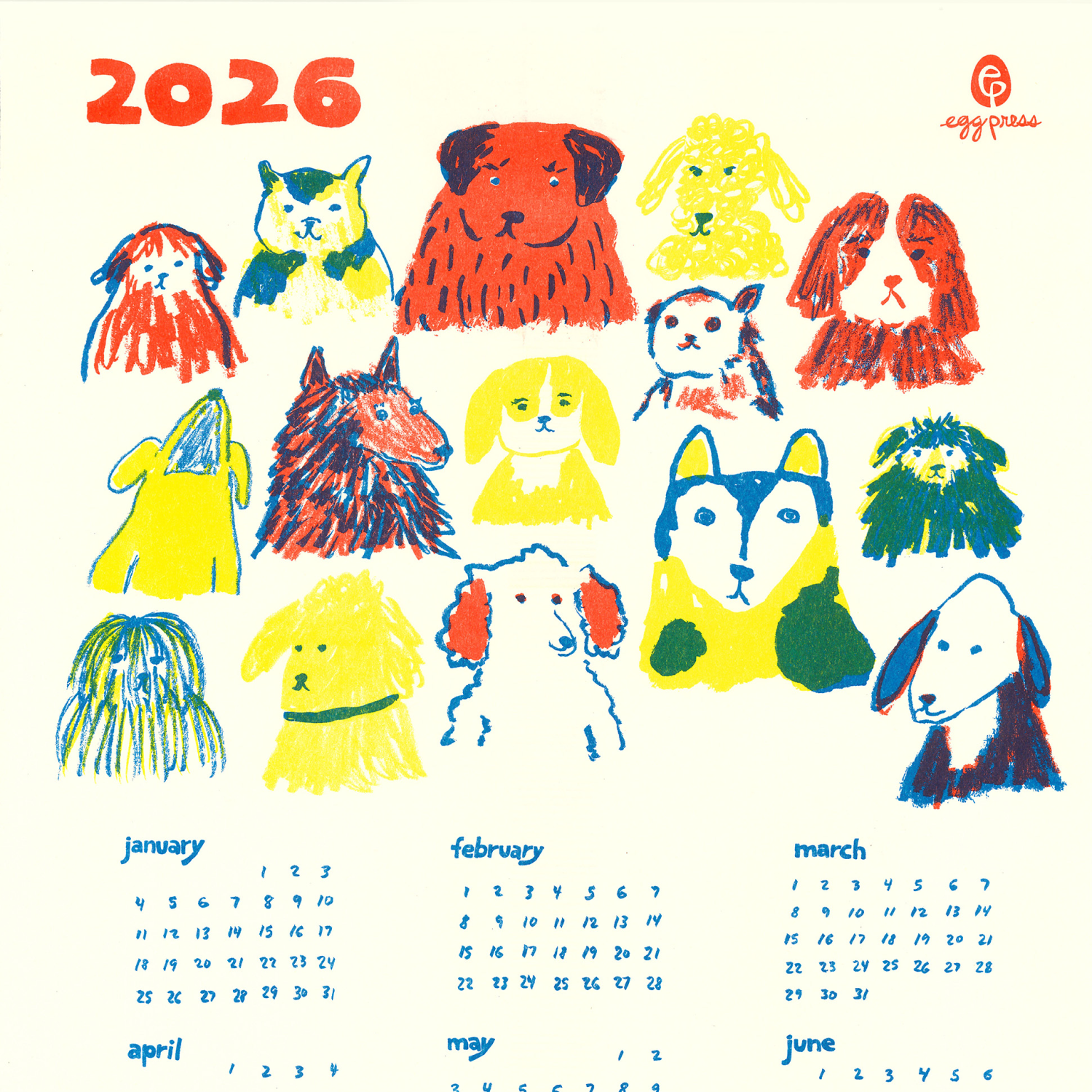 Egg Press Manufacturing - Wholesale Calendar - Dogs 2026 Calendar Illustrated Risograph Print2