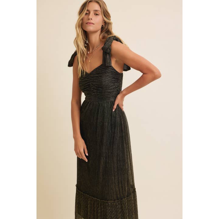 in february - Wholesale Dress - Women's - METALLIC MESH SHOULDER TIE PLEATED MIDI DRESS