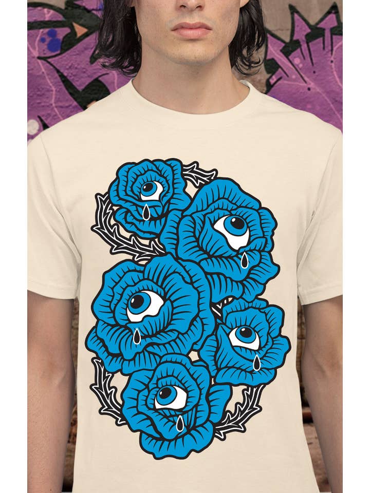 XRAEART Clothing Co - Vente T-shirt sérigraphié – unisexe - T-shirt avec tatouage Budding Romance - Crying Emo Roses (bleu)