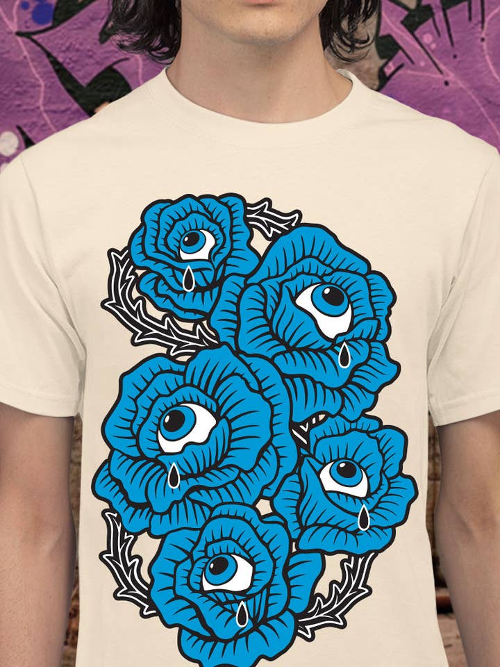 T-shirt avec tatouage Budding Romance - Crying Emo Roses (bleu) pour la vente par XRAEART Clothing Co