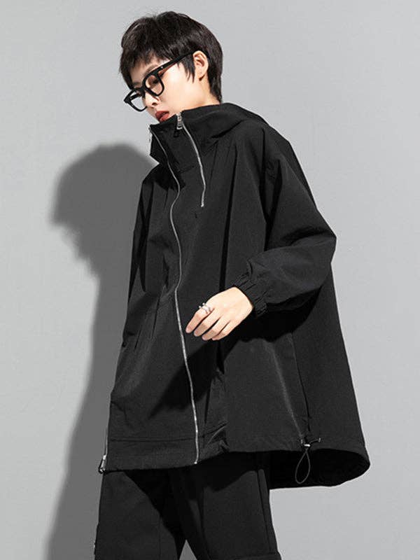BLACK Fashion Irregularity Loose Solid Color Zipper Hooded Outerwear for wholesale on Faire7