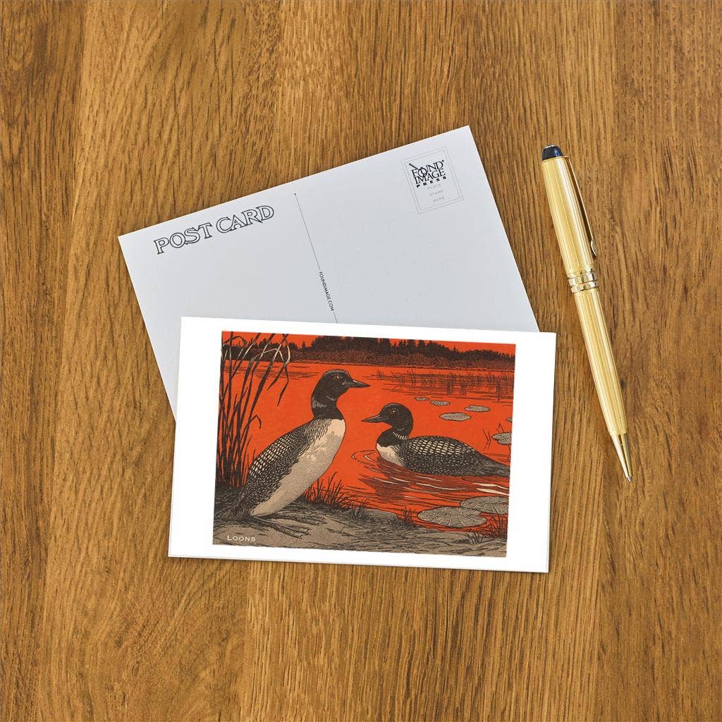 Found Image Press - Wholesale Postcard - Postcard WD-03 Woodcut of Loons1