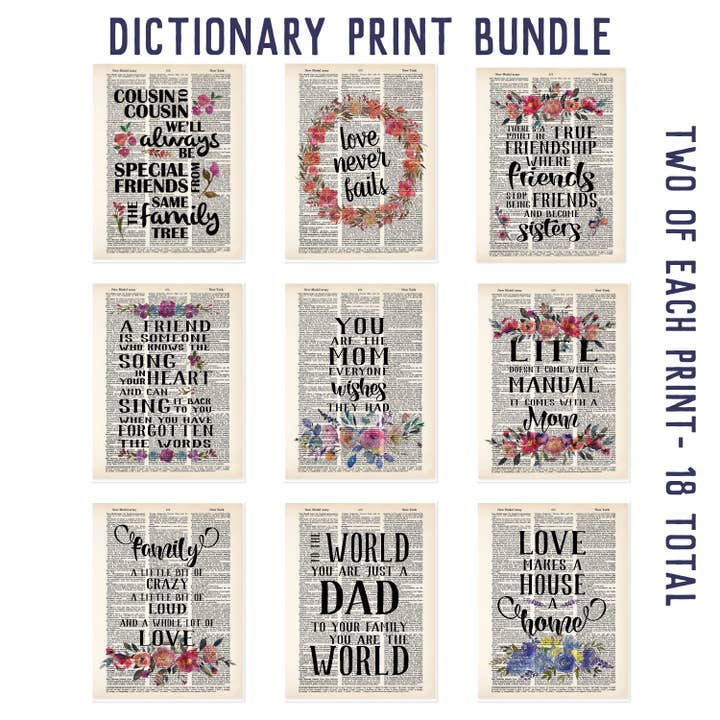 Blue Twist & Co - Wholesale Art Print - Dictionary Print Family and Friends Bundle - 18 Total Prints