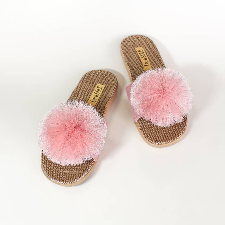 La-a SOLE - Vente Claquettes – femme - Slides Pom Pom – Rose Scintillant | Sandales d'Été pour Femmes2