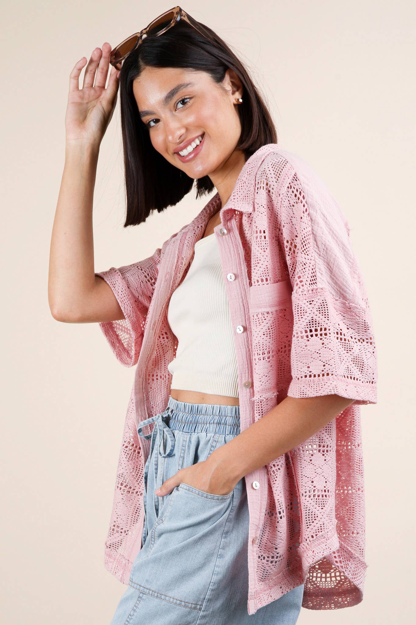 VERY J - Wholesale Jacket - Women's - NT12083-Oversized Crochet Button Down Shirt Top10