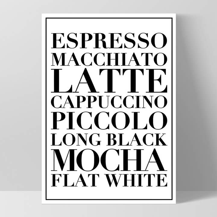 PRINT AND PROPER - Wholesale Art Print - The Coffee List Wall Art. Kitchen Cafe Espresso Latte Poster