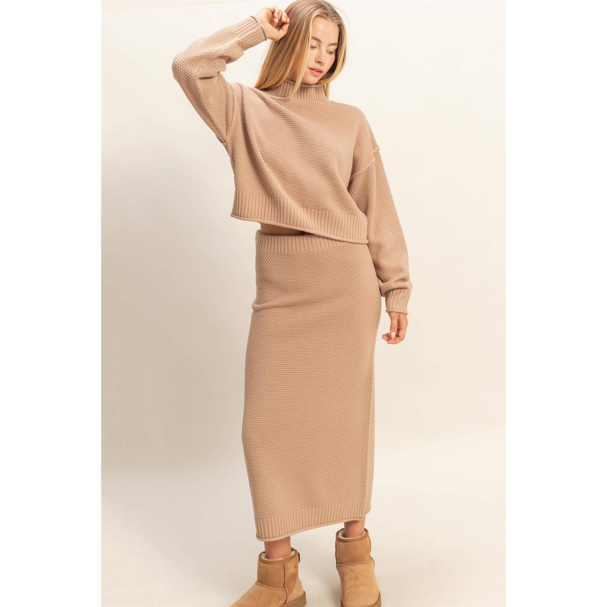 Double Zero - Wholesale Top & Skirt Set - Women's - Textured High Neck Sweater & Skirt Set22