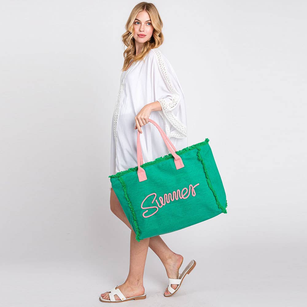Sensibling Corp. - Venta al por mayor Bolsa de asa- Mujer - Bolso de playa de lona con flecos y mensaje bordado SUMMER12