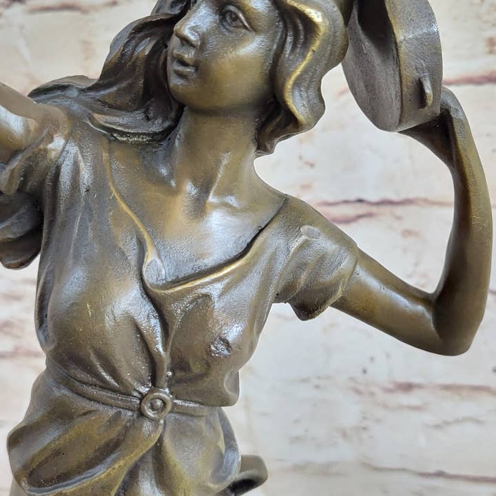 Bronzhaus - Wholesale Sculpture - Girl Playing Tambourine Bronze Statue Sculpture Figure Musical Decor 20" x 9"8