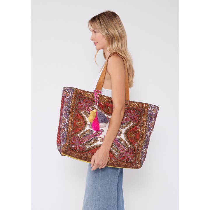 Pink Yellow Natural Beaded Scarf Print Shopper Tote Bag for wholesale on Faire