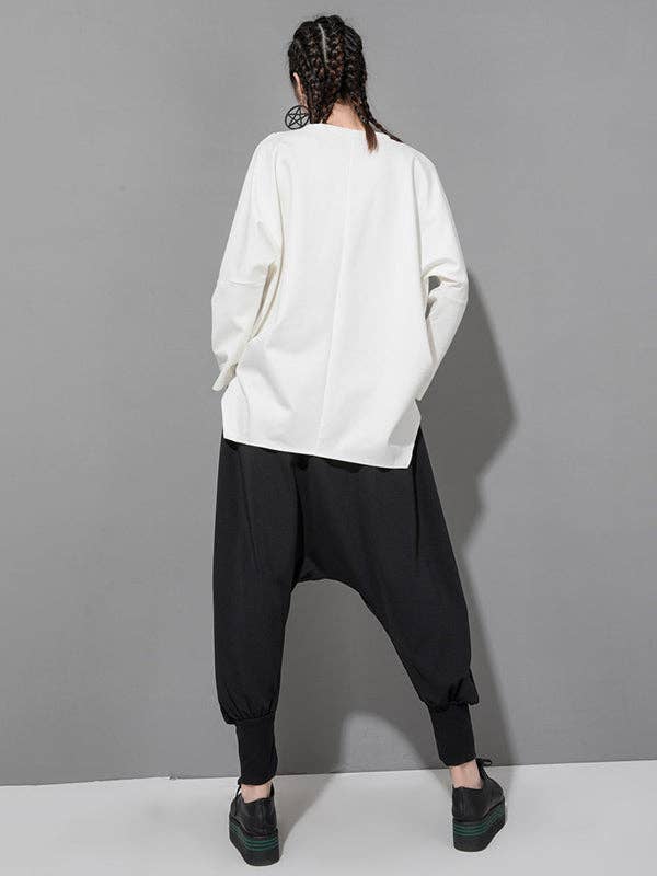 Sheer Trend - Wholesale Tunic - Women's - Black&White Asymmetric Zipper Split-Joint Loose T-Shirt Tops3