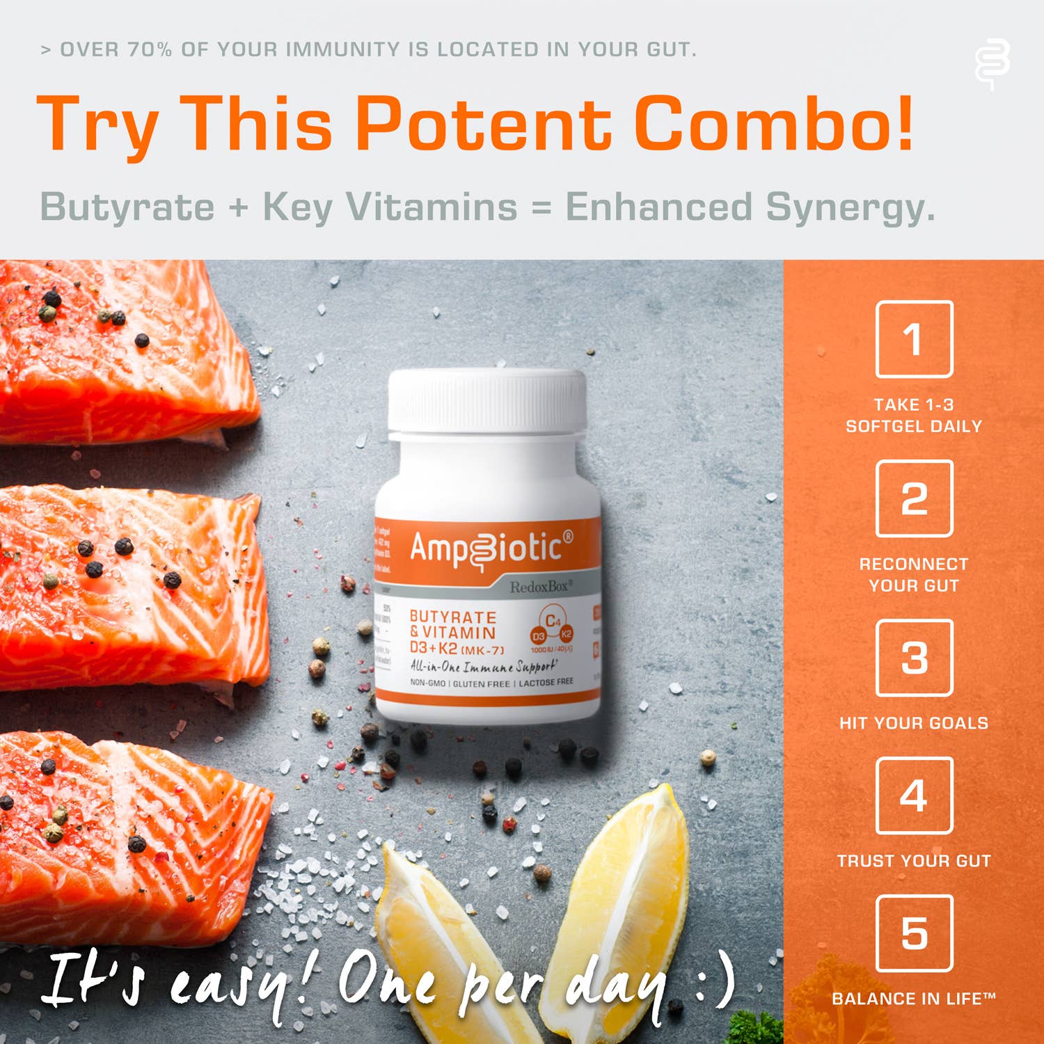 RedoxBox - Wholesale Oral Supplement/Vitamin - AMPBIOTIC® - Butyrate Vit.D3/K2 - Gut Immunity - 30 caps5