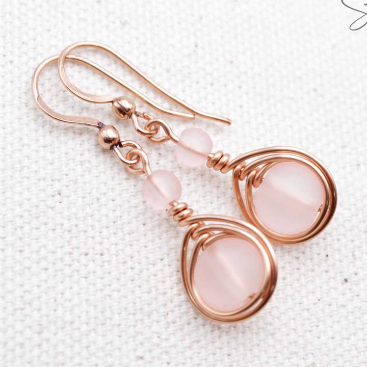 Copper and Pink Sea Glass Wire Wrapped Earrings for wholesale by Pillar of Salt Studio