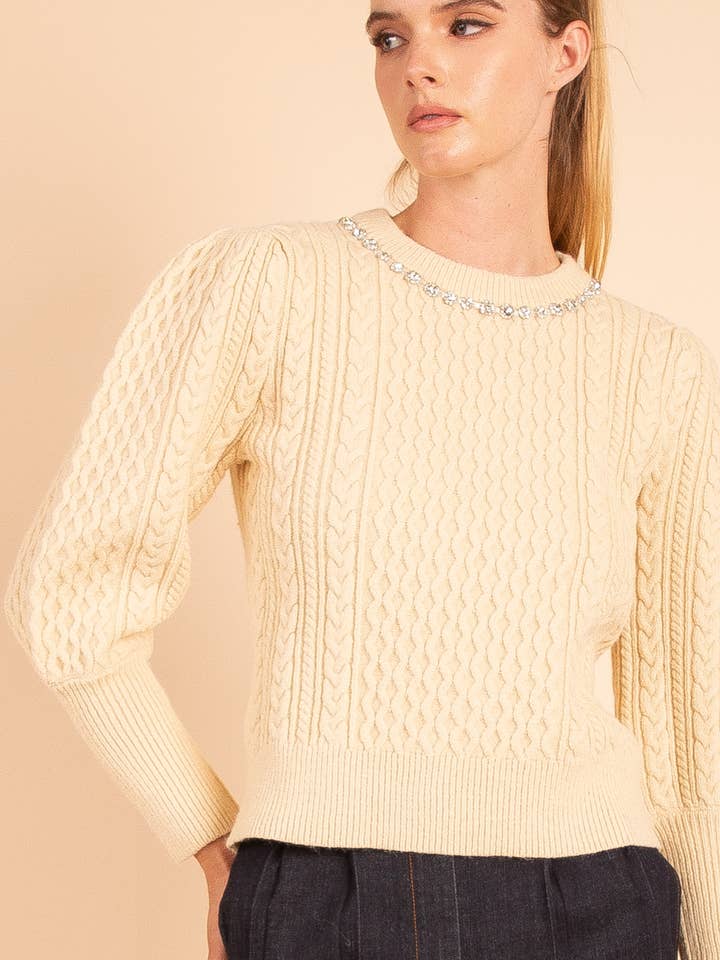 Heyson - Wholesale Knit Sweater - Women's - OSW1011 Pearl Accent Cable Knit Sweater
