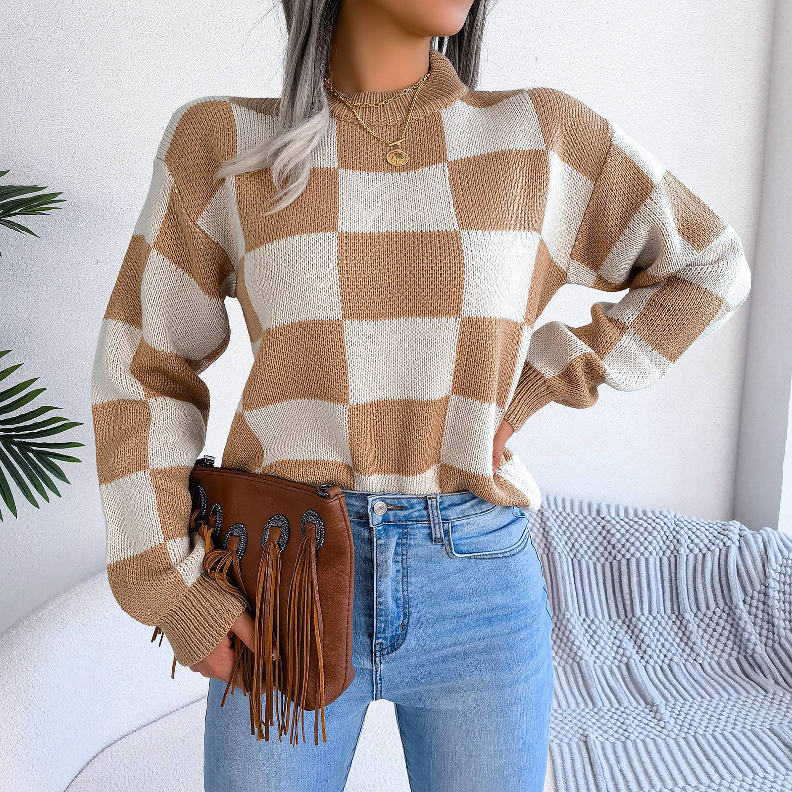 HIDDENBRAND - Wholesale Knit Sweater - Women's - Contrast plaid pullover knit sweater15