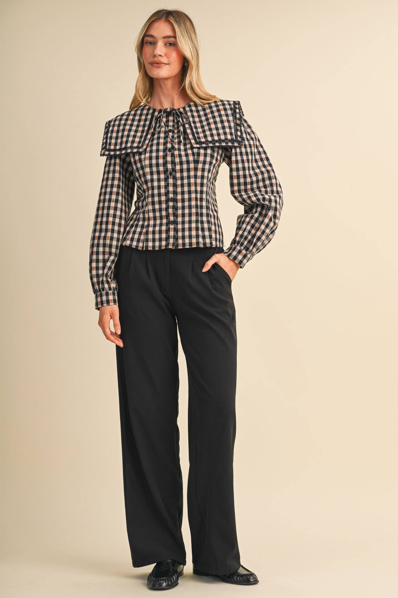 &MERCI - Wholesale Button Down Shirt - Women's - GINGHAM PILGRIM COLLAR BUTTON UP TOP MTP515112