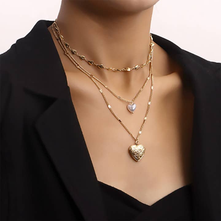TRIPLE LAYERED HEART AND LOCKET PENDANT NECKLACE for wholesale by Girly