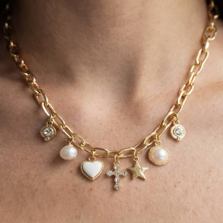 Heart Star And Pearl Charms Chain Necklace for wholesale by The Looks by Fame Accessories