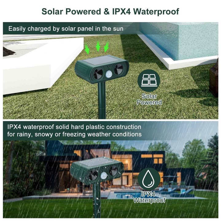 Green Ultrasonic Animal Repeller Solar Powered Motion Sensor Repellent IPX4 Waterproof Outdoor For Farm Garden Yard Repelling Deer Raccoon Cat Dog Rabbit Squirrel Bird for wholesale on Faire2