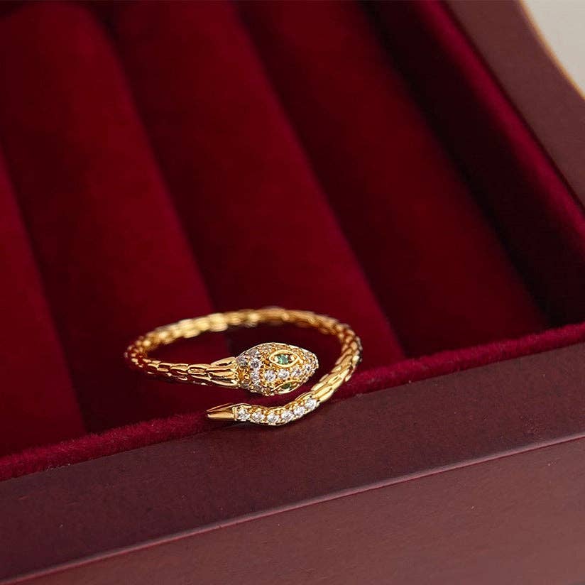 Katinki - Wholesale Multi-Stone Ring - Gold Snake Adjustable Ring with Green Eye2