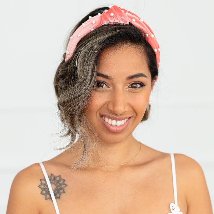 Weddingstar Inc. - Wholesale Fashion Headband - Women's - Wide Velvet & Pearl Knot Headband - Blush Pink