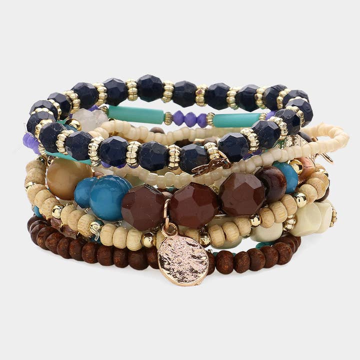 10PCS Wood Various Beaded Stretch Multi Layered Bracelets for wholesale by Sensibling Corp.