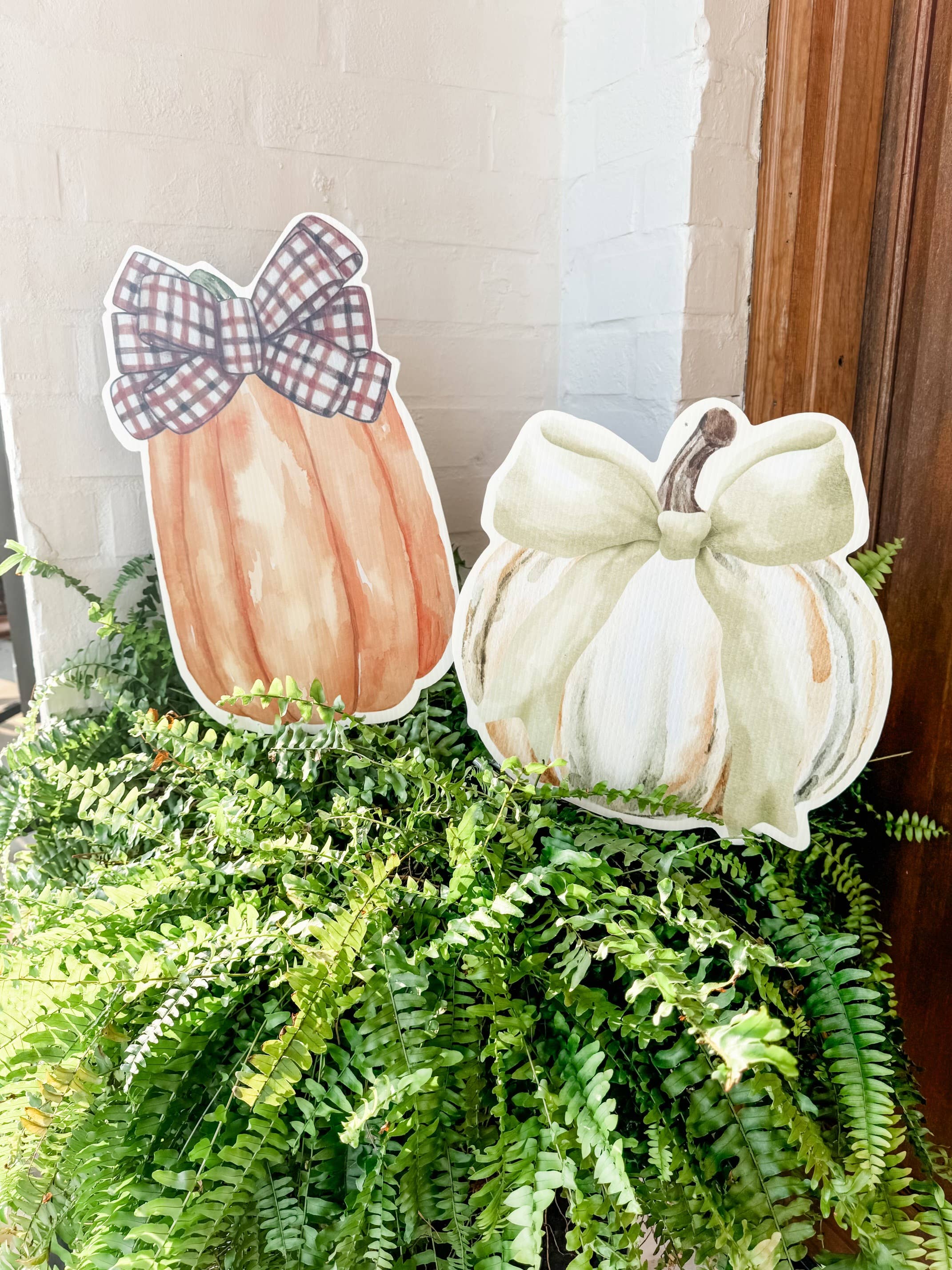 Lovely Reese - Wholesale Outdoor Sign - Brown Gingham Bow Pumpkin 1