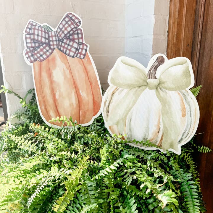 Lovely Reese - Wholesale Outdoor Sign - Brown Gingham Bow Pumpkin 1