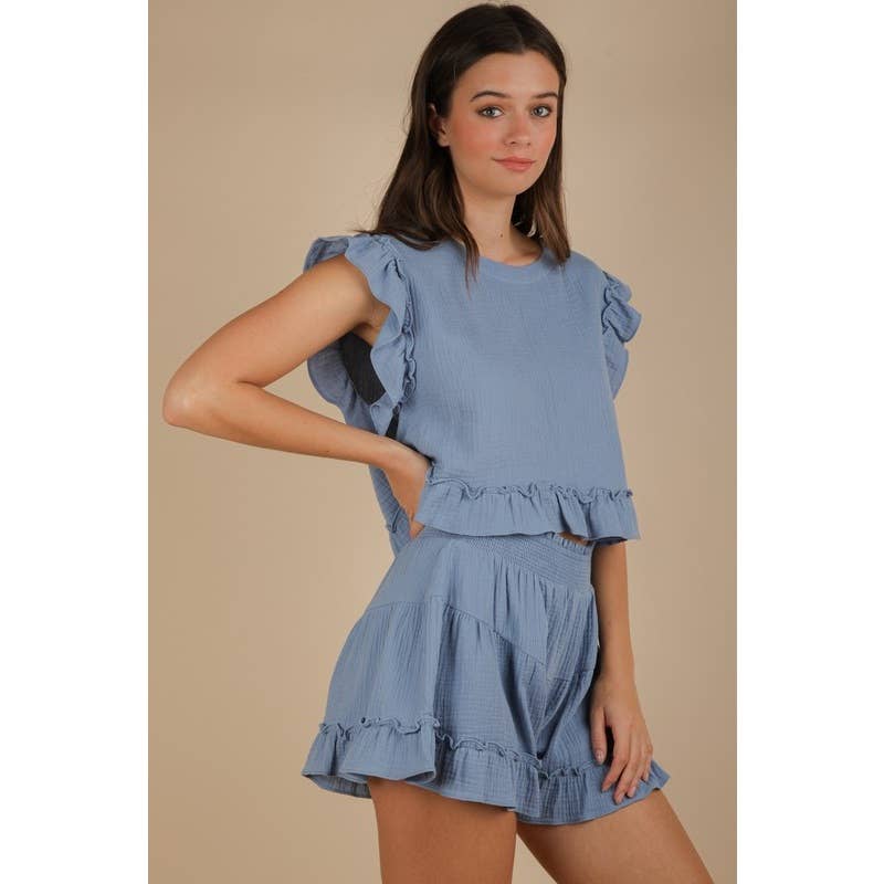IVE - Vente Ensemble haut et short (PAS d'intérieur) - Femme - Ensemble haut tissé uni à volants ET short25