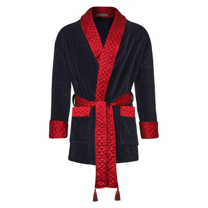 Cliveden Short Velvet Navy Smoking Jacket Robe for wholesale by Bown Of London