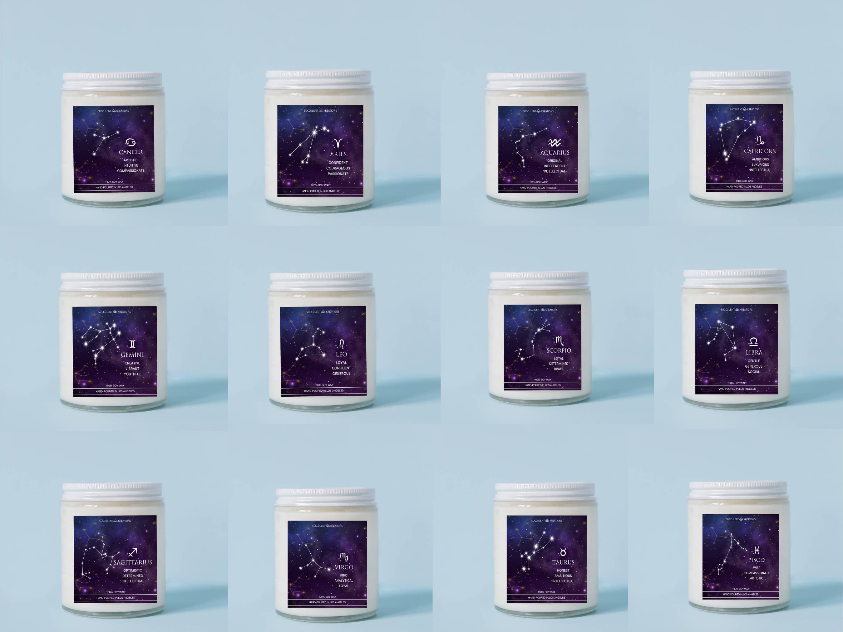 Succulent Kreations - Wholesale Jar/Filled Candle - Scented 6oz Candle- Zodiac Signs