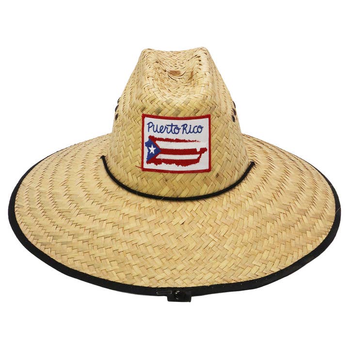NATURAL BLACK Puerto Rico Flag Eyeleted Straw Lifeguard Hat for wholesale on Faire1