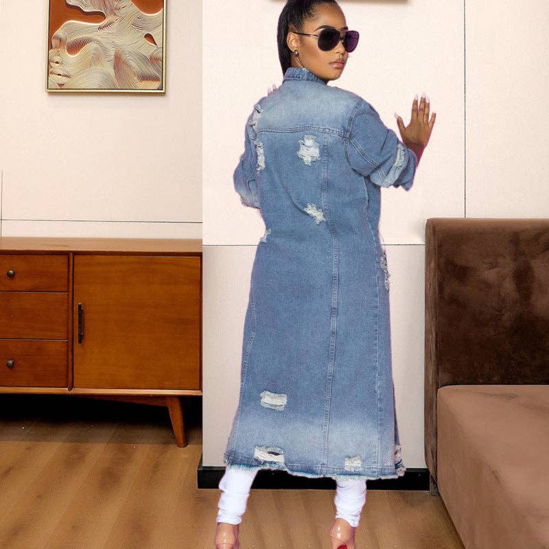 Bleu Clair Veste en jean déchirée à manches longues pour femme en vente sur Faire2