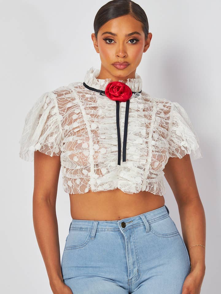 Janelle Lace Rosetdetalje med rynket crop top (HDT31948) for engroshandel hos Hot & Delicious