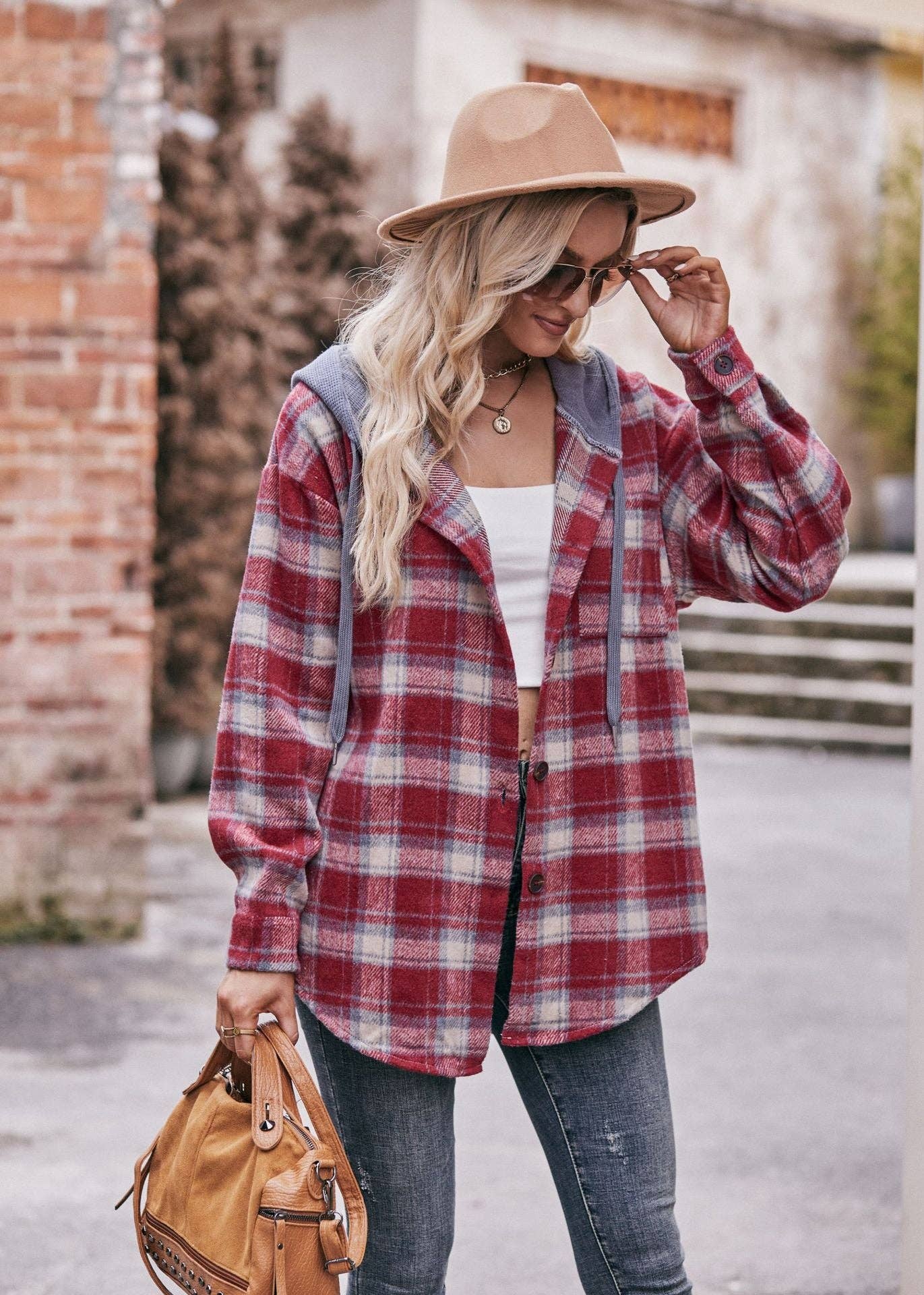 Lovesoft - Wholesale Hoodie - Women's - Women's Flannel Checked Jacket Hooded Casual Shirt0