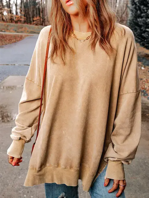 Kaki Khaki Drop Shoulder Geribde Zoom Oversized Sweatshirt voor groothandel op Faire2