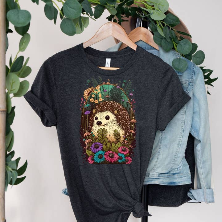 Vivtrek - Wholesale Screen Printed T-Shirt - Women's - Baby Hedgehog Floral Cottagecore Tshirt, Flower2