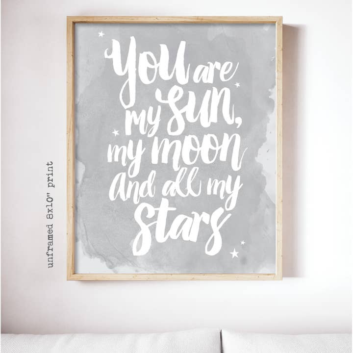 Du bist meine Sonne, Mond + Sterne (grau) - 8x10 Drucken für den Großhandel von Raincity Prints
