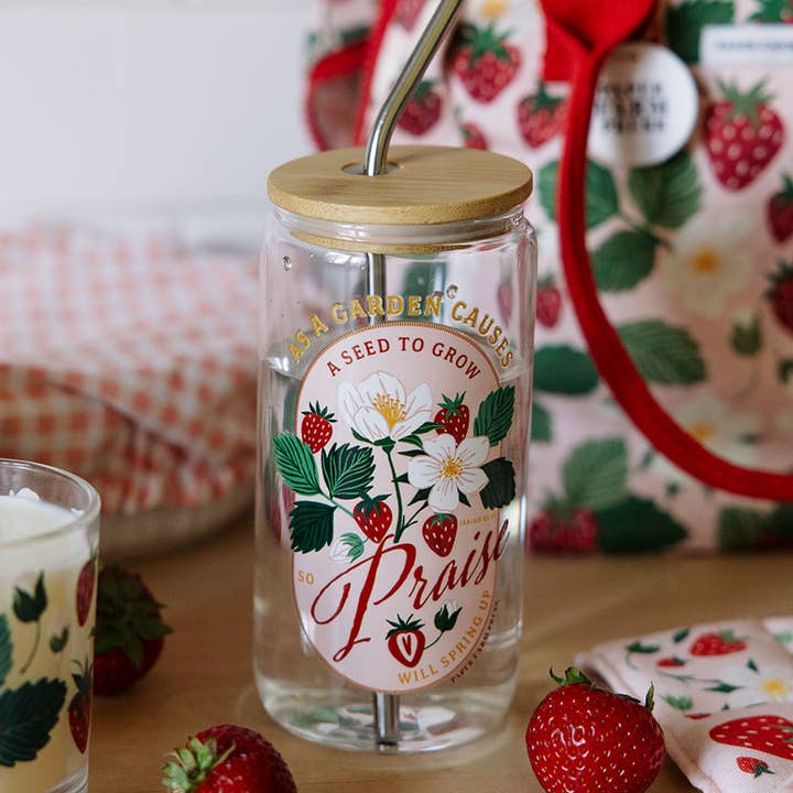 Strawberry Faith Glass Can for wholesale by Paper Farm Press