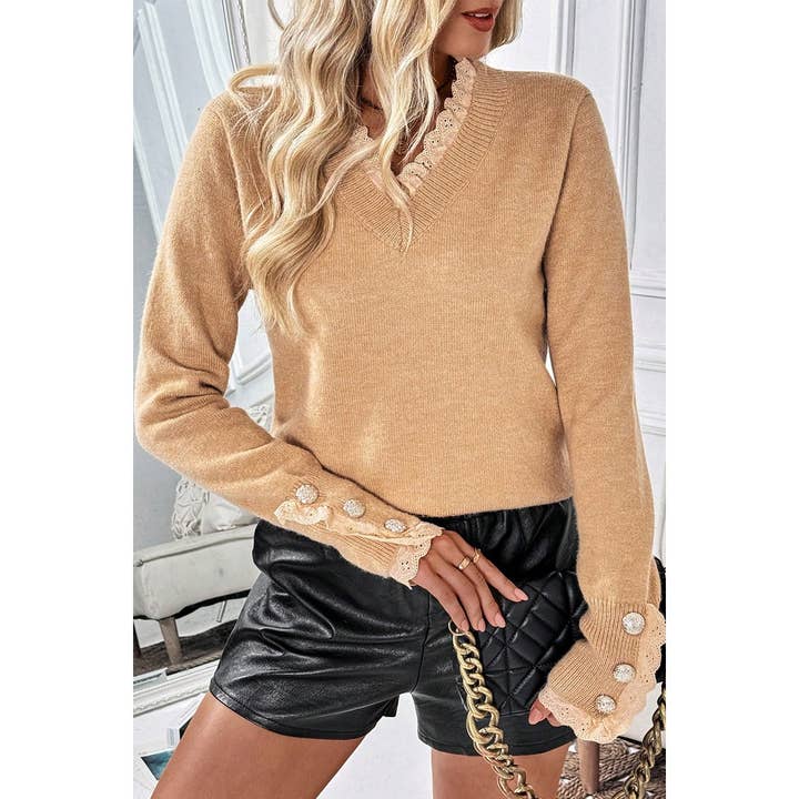 khaki Solid Crew Neck Lace Trim Button Knit Sweater for wholesale on Faire4