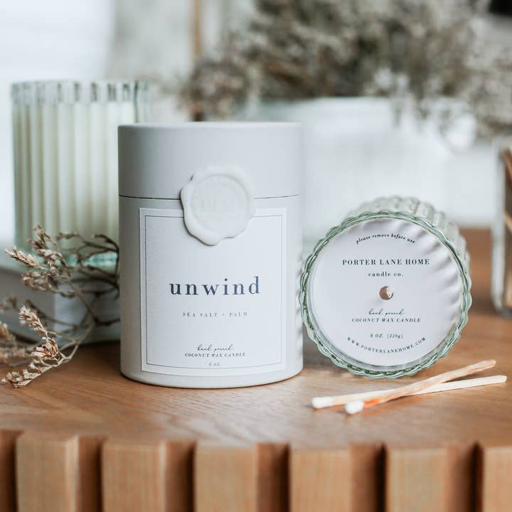 Porter Lane Home - Wholesale Jar/Filled Candle - UNWIND | Sea Salt + Palm Fluted Coconut Wax Candle1