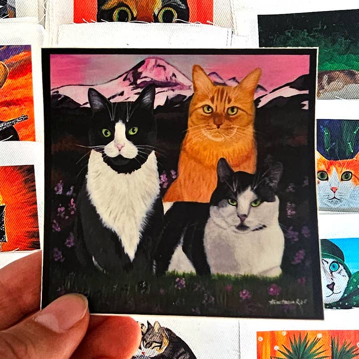 3 Cats and Mount Rainier Sunset Vinyl Sticker for wholesale by MeerCatArt